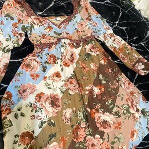 SO Tan and Pink Bishop Sleeve Sundress